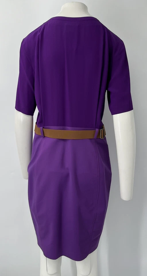Vestido Akris púrpura manga corta seda cinturón hasta la rodilla línea A talla 10 Foto 4 de 4