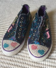 Girls Skechers Sz 4 Causal Denim Peacock Glitter Pull On Casual Sneaker Shoes
