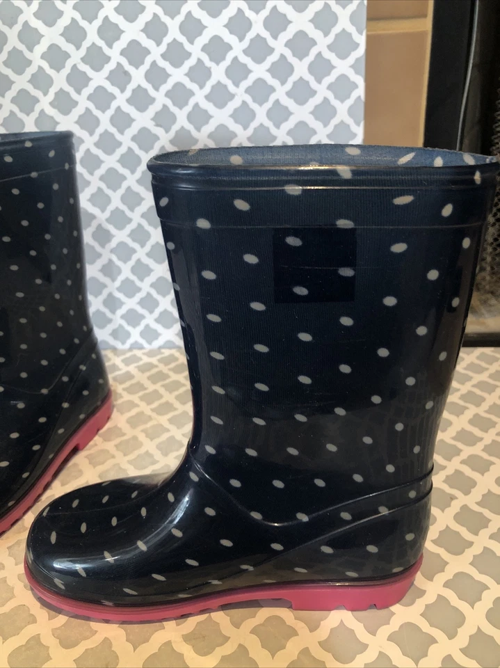 Crazy 8 Rain Boots Pull On Shoes Navy White Polka Dot Girls Youth Size 12 - Image 2 of 4
