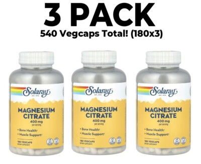 Magnesium Citrate, 3 PACK, 133 mg per capsule, 180 VegCaps by Solaray 08/26