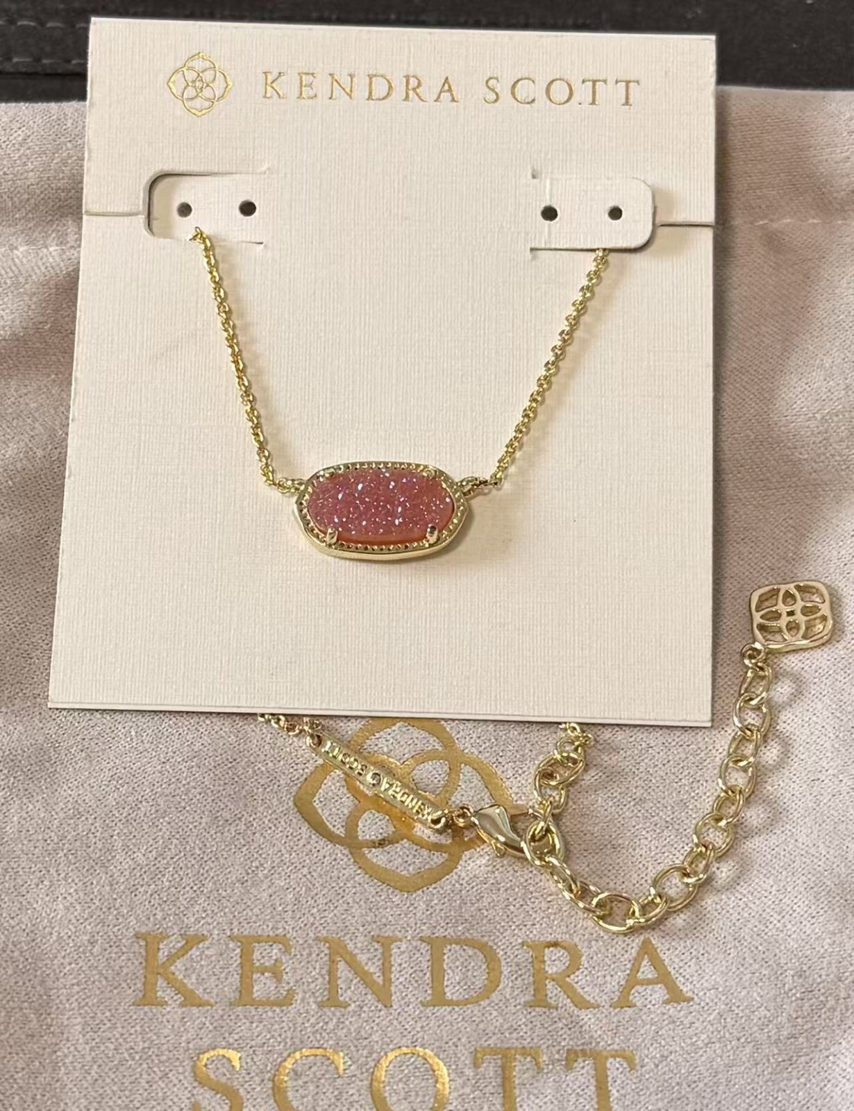 Kendra Scott Elisa Gold Pendant Necklace Gold Drusy+dust bag/ pink