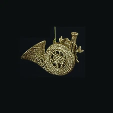 KURT S. ADLER GLITTERED GOLD FILIGREE FRENCH HORN CHRISTMAS ORNAMENT