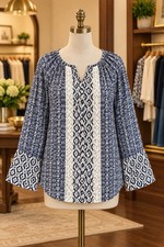 Karen Kane Navy White Pattern Embroidered Blouse Top Long Sleeve Large S Shirt