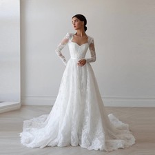 A-line Lace Wedding Dress Sweetheart Full Sleeves Bride Dresses Long Bridal Gown