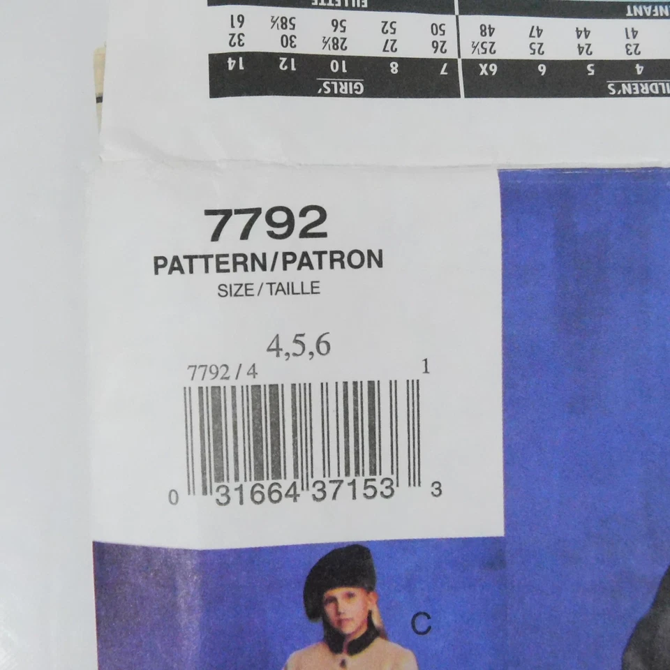 Vogue 7792 Children Coat Hat Pattern Size 4-6 Uncut Double Breasted Capelet - Image 4 of 4