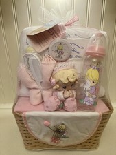 Precious Moments Baby Gift Set Basket Bottle Rattle Bibs Pillow 2005 New