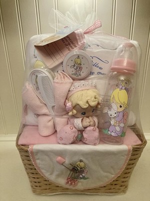 Precious Moments Baby Gift Set Basket  Bottle Rattle Bibs Pillow 2005 New