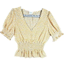 Sienna Sky Womens Babydool Top L Yellow Floral Covered Buttons  Elastic Waist