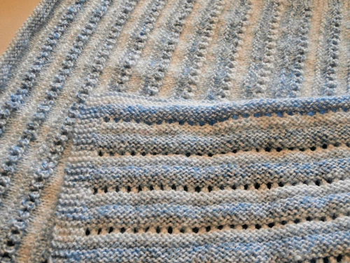 Hand knitted small baby blanket blue white grey stripe  55 x 60cm / 22 x 24"