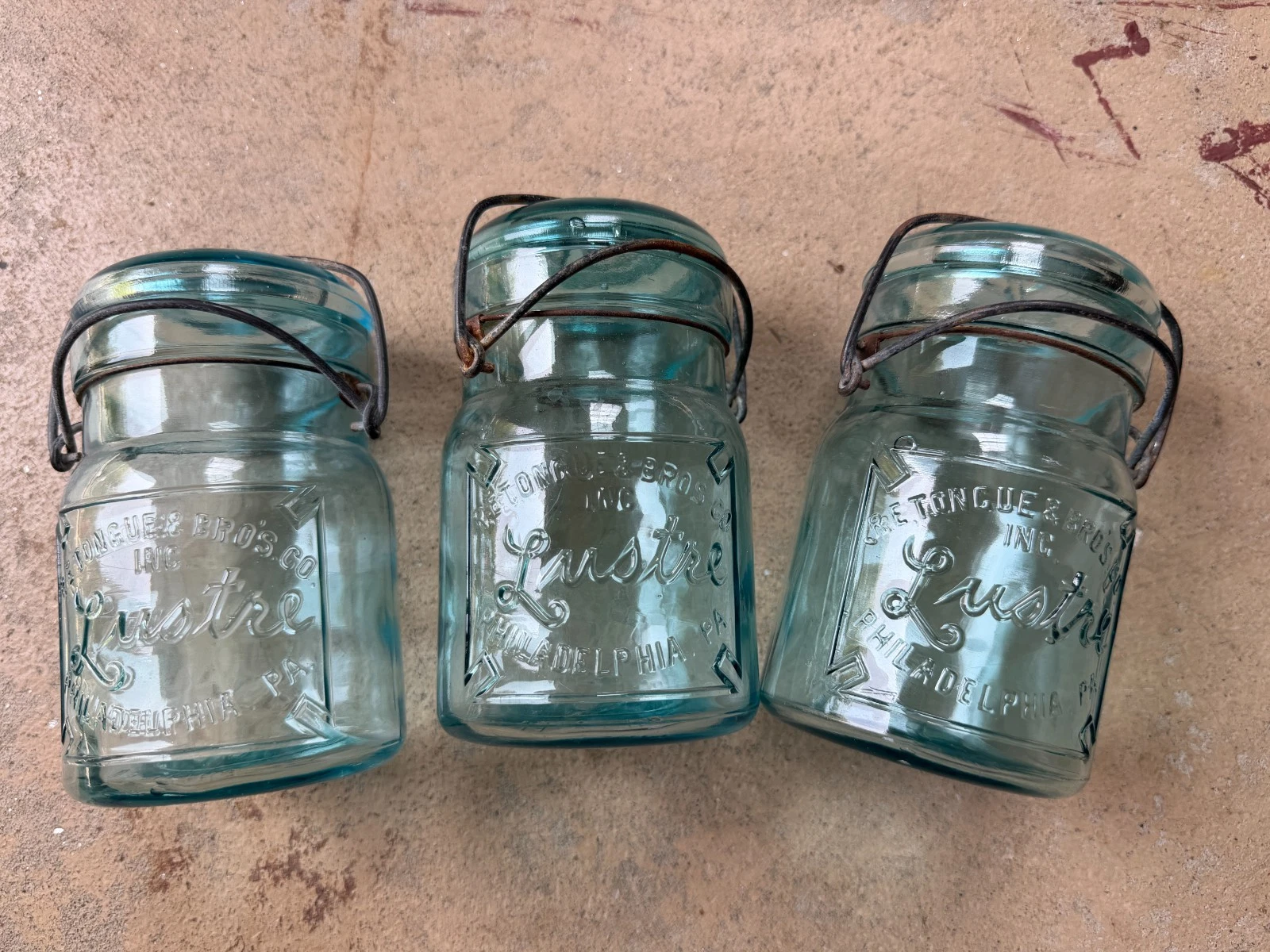 Rare Matching Group of 3 LUSTRE Aqua Canning Jars w Original Lids Seeds PA Blue