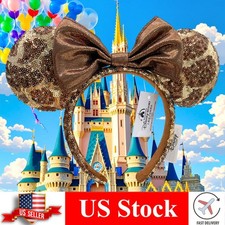 Disney-Parks Leopard Sequin Minnie Ears with Chocolate Bow Mickey Headband Ears