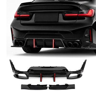 Fits 2023-2026 BMW G20 LCI M-Sport Gloss Black Rear Lower Diffuser w/ LED Light