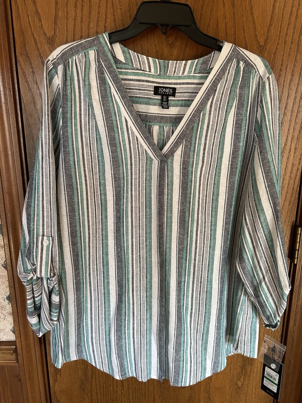 Jones New York Striped, Roll Tab Tunic - Size L - NWT$79.50 - Teal/White/Black