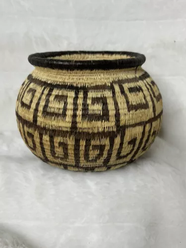 Greek Key Rainforest Basket, Black, Brown, Natural; Small 5 Inches X 5 Inches 