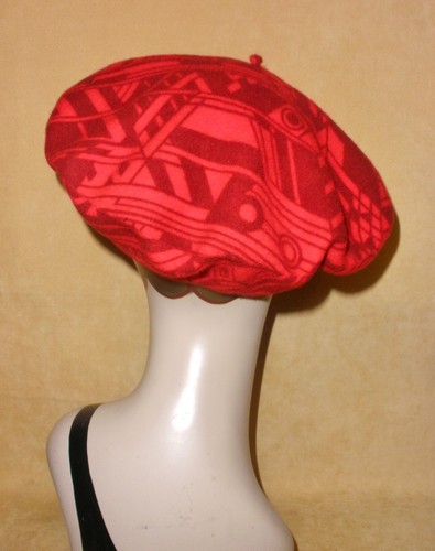 Bright Red Wool Beret w/ Art Deco Pattern Made in France by Normandy Beret - Picture 3 of 6