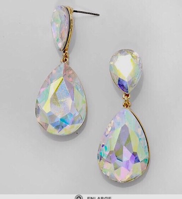 1.75''  Aurora Borealis AB Austrian Crystal Pageant Bridal Earrings Formal Gold