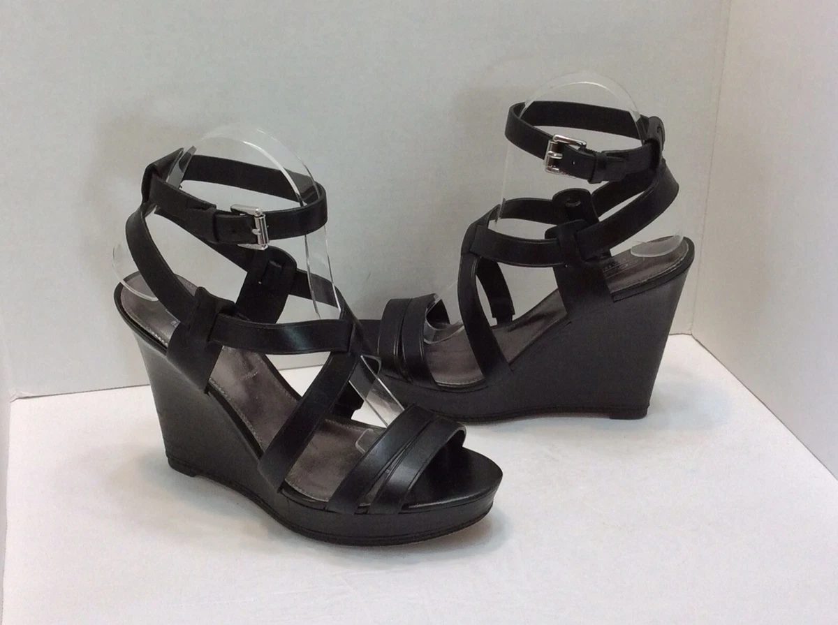 COACH Macey Cowboy Black Leather Wedge Strappy Caged Sandals Heel