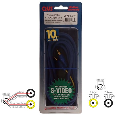 Cable S Video TV Mini Din MD 4 Pin Round 2 RCA Coaxial Coax  10FT QVS CSV2RCA-10