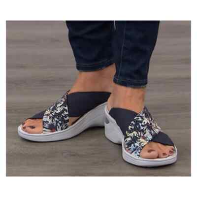 Bzees Diamond X-Band Wedge Slide Sandal | Blue Floral | 11M