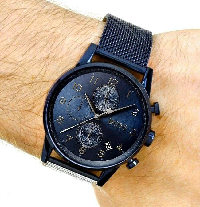 NEW BOSS MENS WATCH STAINLESS STEEL MESH BAND & DARK BLUE DIAL 