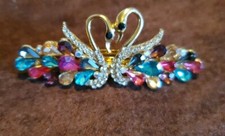 Jeweled Barrette HAIR CLIP Pear Rhinestones Multi Color Goldtone 2 Swans Gorgeou