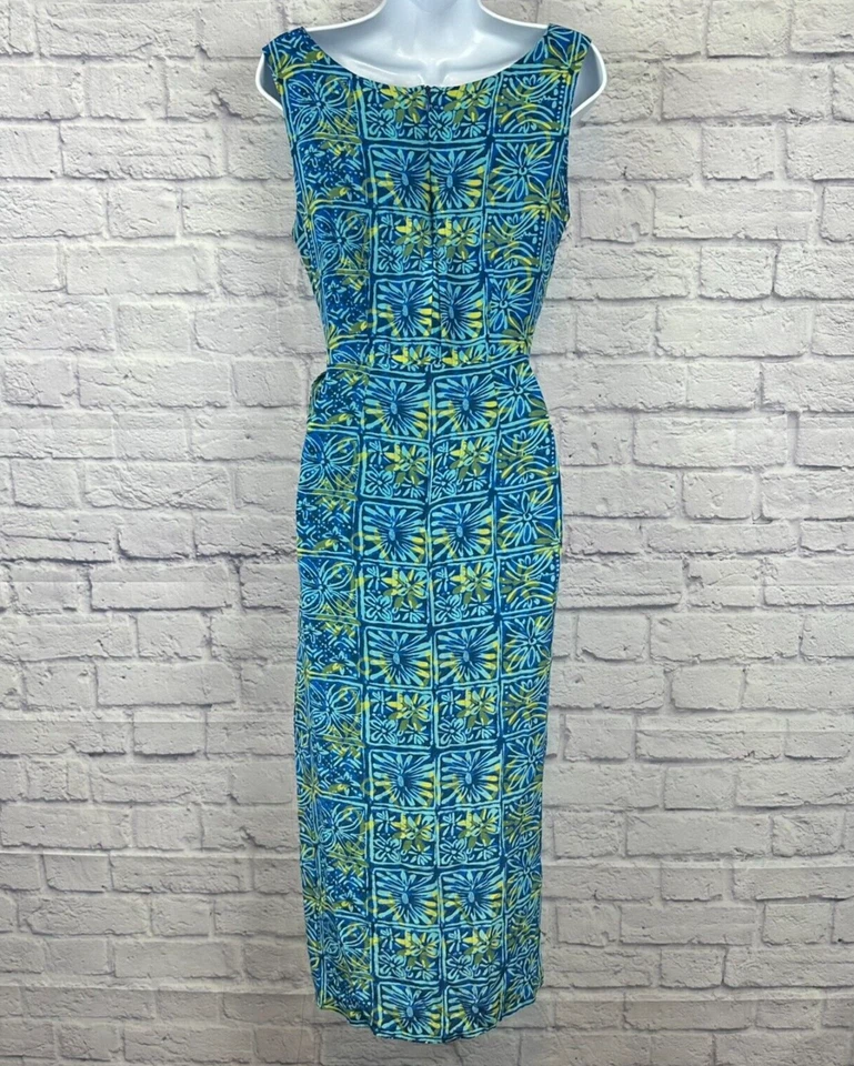 Vestido De Colección Spencer Jeremy Talla 8 Imitación Envoltura Pura Seda Tropical Hawaiano Geométrico Foto 3 de 4