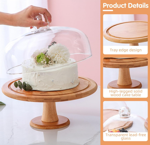 Cake Stand with Dome Lid, Wood Cake Plate with Clear Glass cover Display Stand - Picture 2 of 7