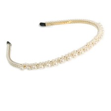 Bridal Prom Wedding Light Cream Faux Pearl Flex Headband Gold Tone Metal