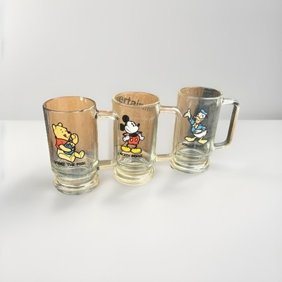 WALT DISNEY PRODUCTIONS GLASS STEIN MUG SET LOT 3 MICKEY, DONALD, & WINNIE