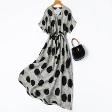 100% Mulbery Silk Gray Polka Dots Short Sleeve Women A-Line Midi Dress M1345