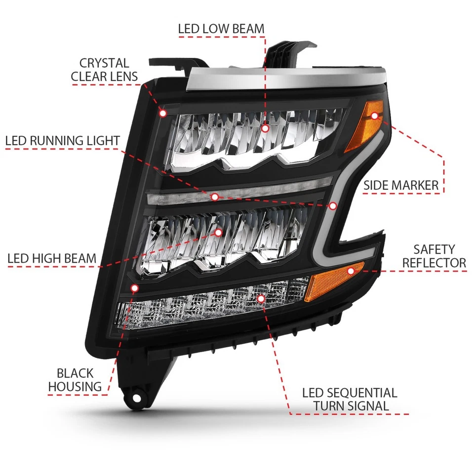Anzo Left Right Headlight Assembly For 15-20 Chevrolet Tahoe Black Interior LED Foto 3 de 4