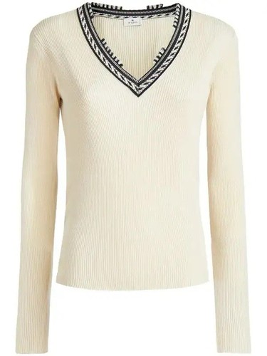 ETRO Milano V-Neck Ribbed Knit Sweater Cream Fringe Trim Size 42 (US M)