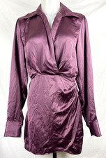 Zara Plum Purple Long Sleeve Satin Effect Wrap Mini Dress XS