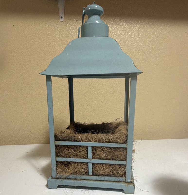 Blue Metal Lantern Candle Holder w/ Straw insert for plants. Rustic Decor.