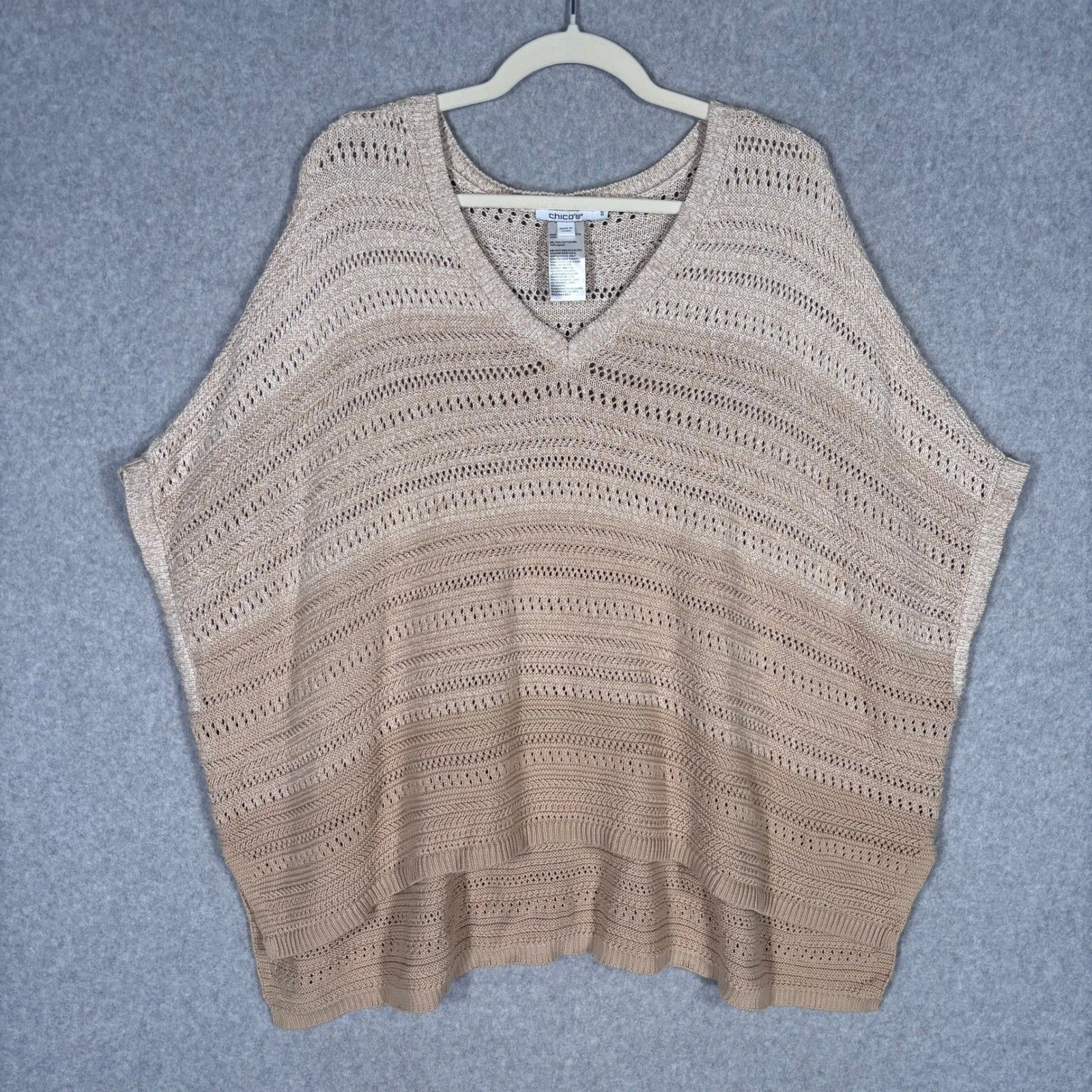Chicos Crochet Poncho Sweater S/M Tan Ombre Open Knit Neutral Boho Festival