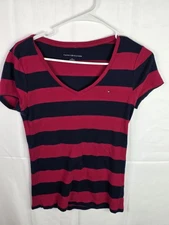 Tommy Hilfiger V Neck Shirt Girls Medium Red Blue Striped Short Sleeve Shirt 
