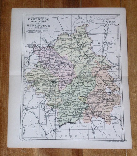 1898 ANTIQUE MAP OF COUNTIES OF CAMBRIDGE HUNTINGTON CAMBRIDGESHIRE ENGLAND