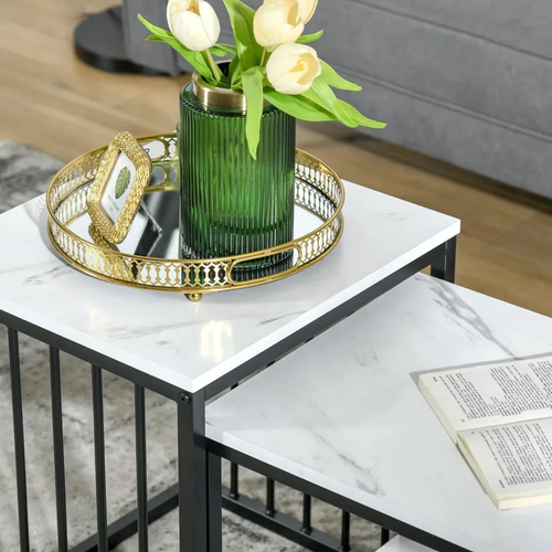 New Loft Range Modern Set Of 2 Marble Effect Nest Of Table With Metal Frame - Picture 5 of 8