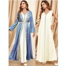 Dubai Women Open Cardigan Abaya Kaftan Maxi Dress 2pcs Set Robe Muslim Turkey