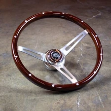 15" Deep Dish Steering Wheel with Dark Wood and Aluminum Rivets and Horn Button