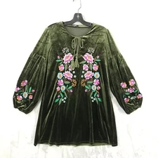 Gigio Dress Women Small Embroidered Green Velour Balloon Sleeve Tie Fairy Boho