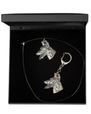 Doberman type 2 - set necklace, keyring with a dog, black box, Art Dog USA