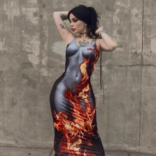 Summer Fashion Sexy Slim Fit Flame Print INS Large Dress Strap Mid length Dress