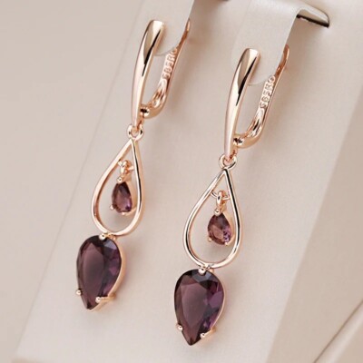 Lila Natürliche Zirkon Lange Tropfen Ohrringe für Frauen Mode 585 Rose Gold