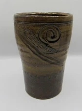 Antique outsider/folk art/primitive brownware coil built vase snail sgraffito 