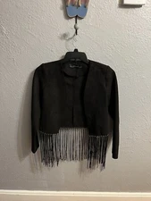 Zara Black Jacket Women Size XS Cropped Blazer Fringed