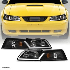 For 1999-2004 Ford Mustang Black Crystal Headlights Signal Amber Wled Tube Bar