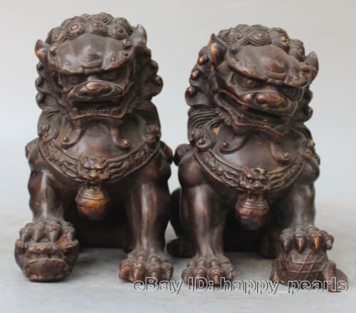 Antique Fengshui Bronze Guardian Fu Foo Dogs Lion Door Leo Statues Lions Pair - Picture 1 of 4