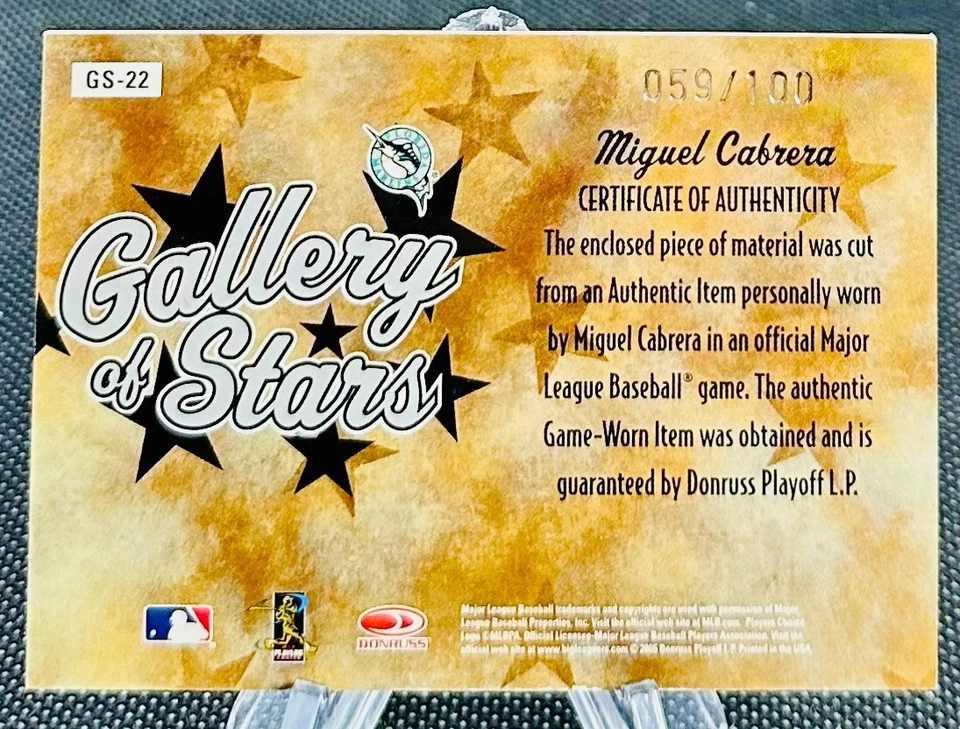 2005 Donruss Diamond Kings Gallery of Stars Miguel Cabrera Jersey #'d 059/100 - Image 2 of 2