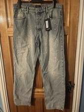 BoohooMAN Relaxed Fit Jeans With Paint Splatter Antique Blue 36R 